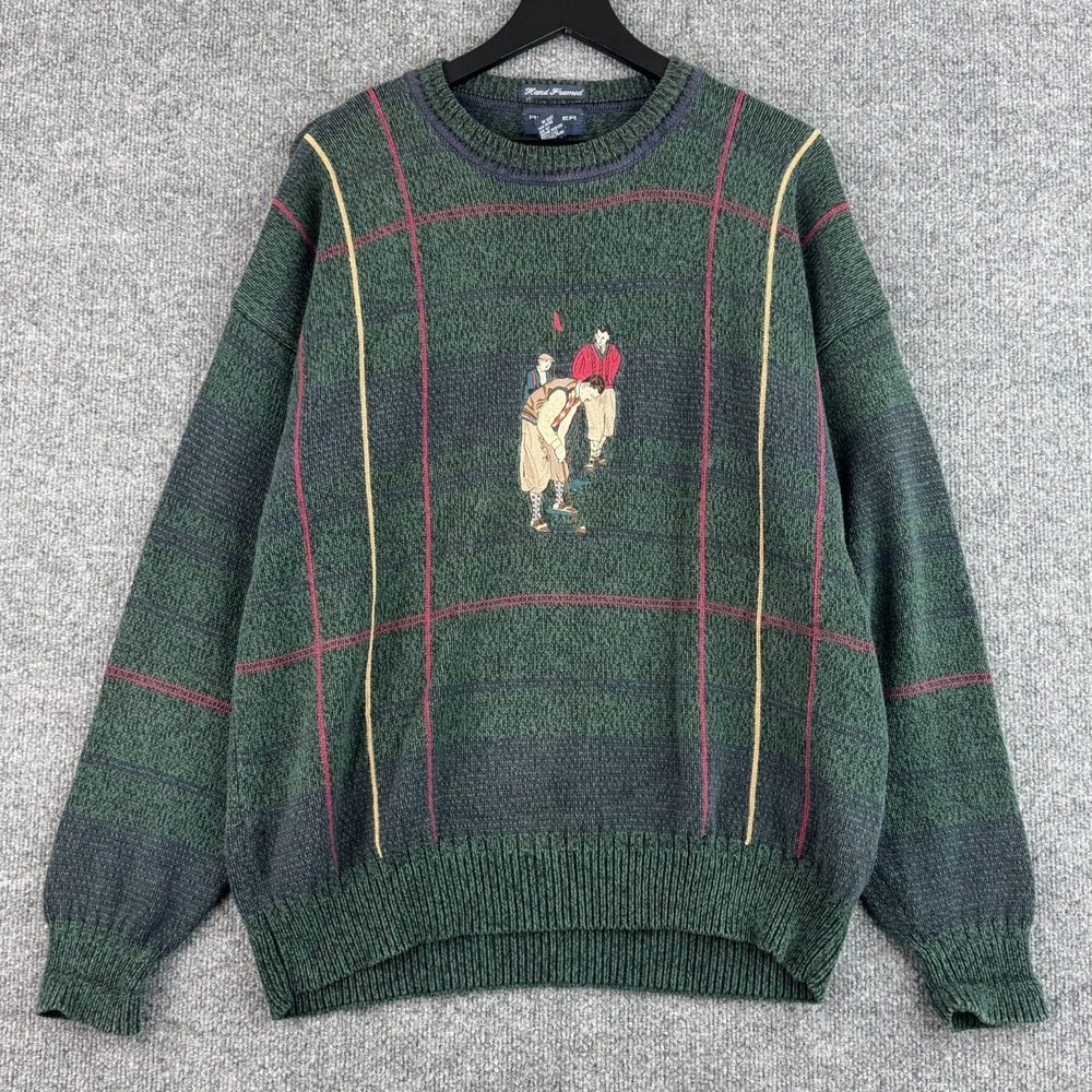 Vintage GANT Rugger Sweater Men L Green Golf Graphic Hand Framed Cotton